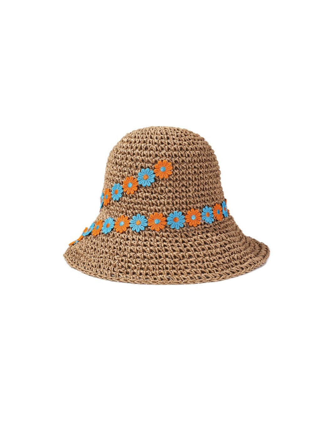 Side view of Haila Daisy Chain sun hat highlighting the wide brim and floral woven pattern