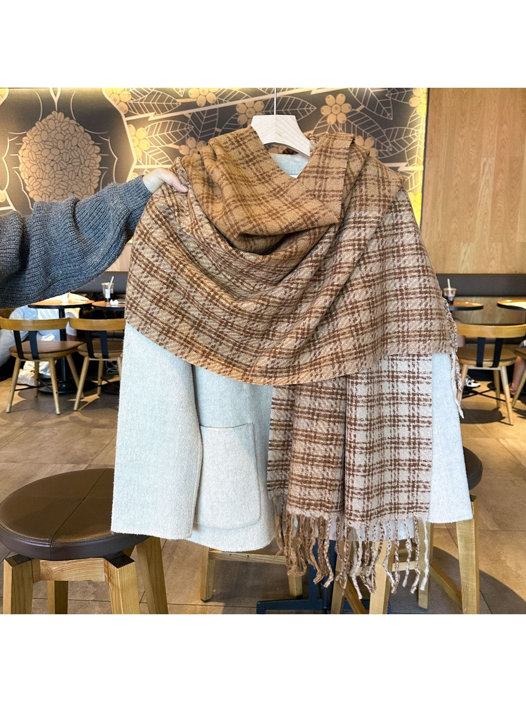 Scarvii - Contrast Panel Plaid Fringed Winter Scarf