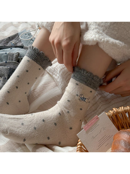 Rufia - Cute Puppy Embroidered Dot Crew Socks