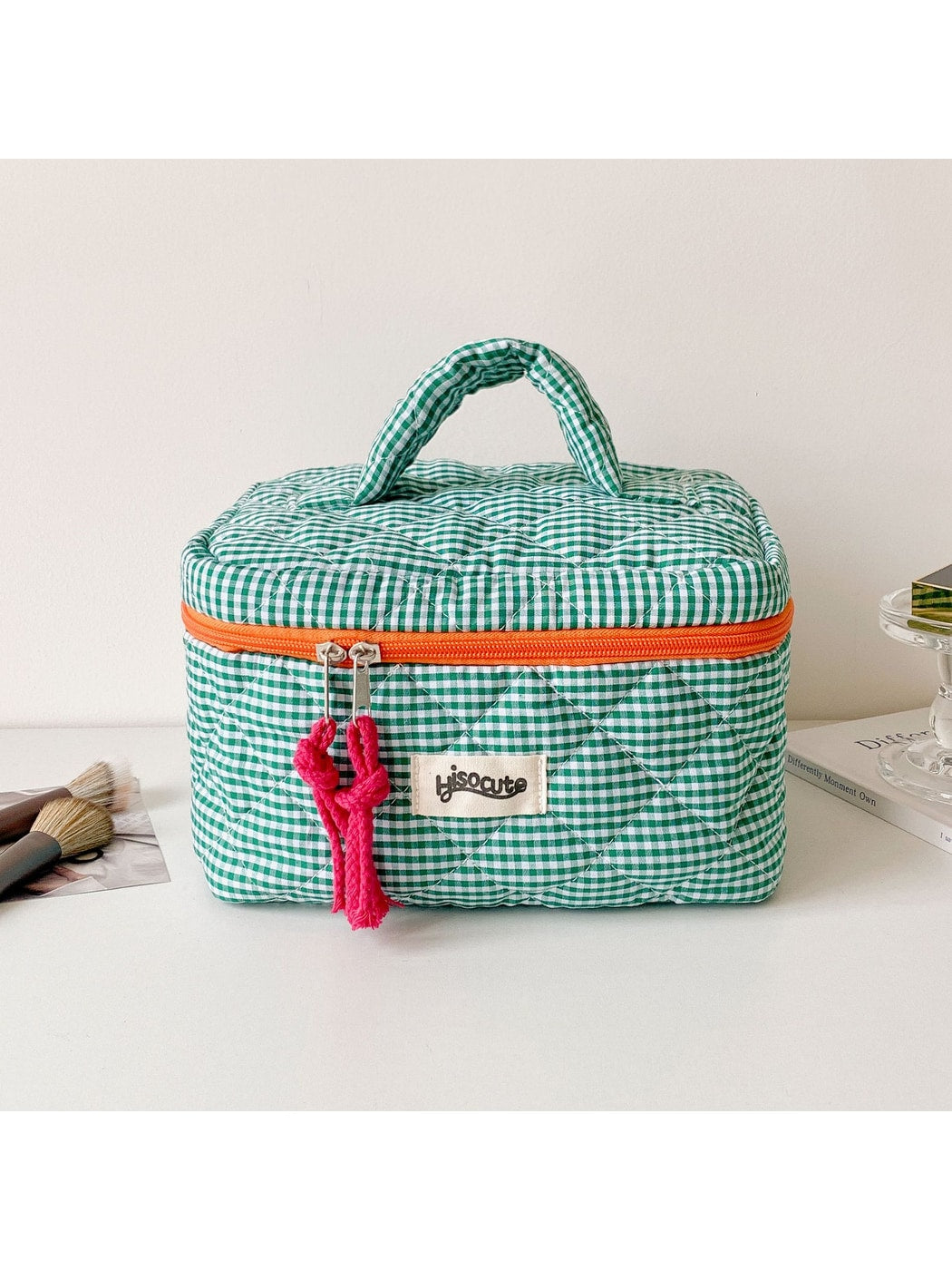 Cosbai - Checkered Zipper Makeup Organizer Bag