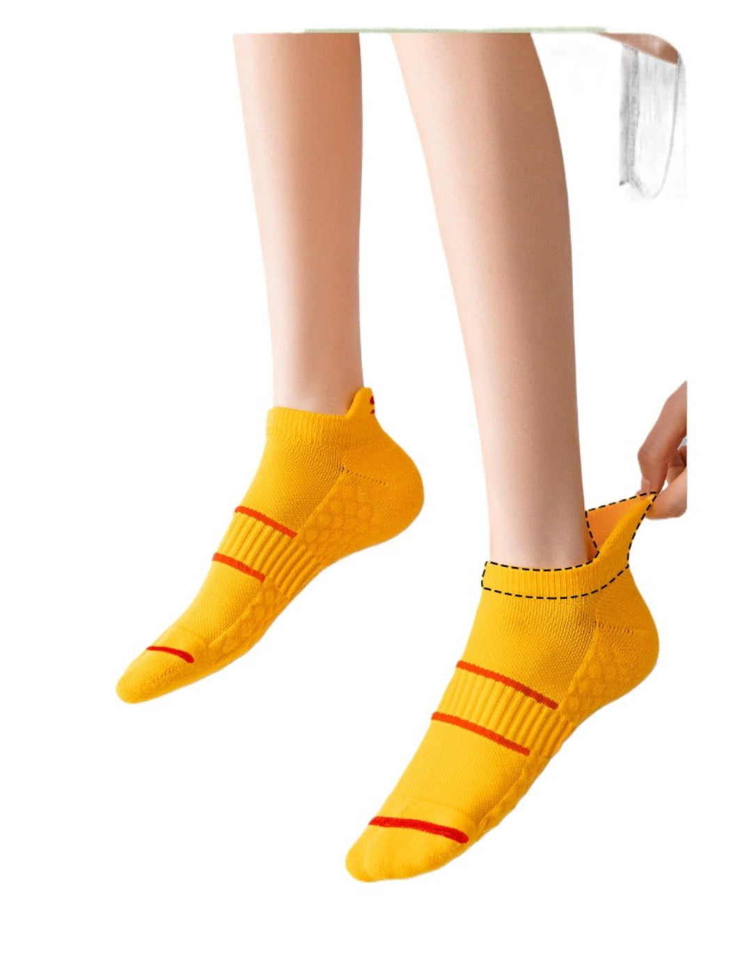 Pair of Rufia athletic low socks with black stripes on white fabric