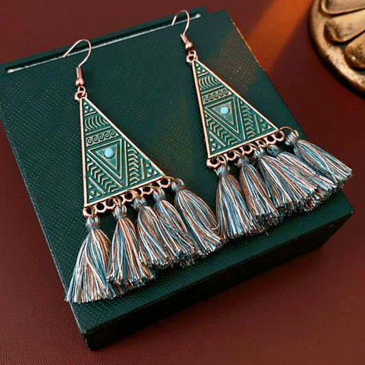 Earwish - Boho Vintage Green Triangle Earrings With Fringe