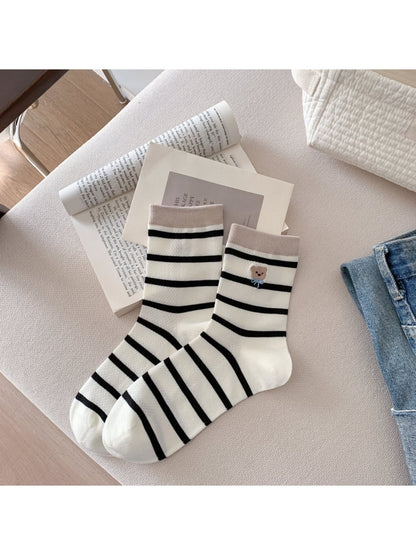 Rufia - Bear Embroidered Striped Crew Socks