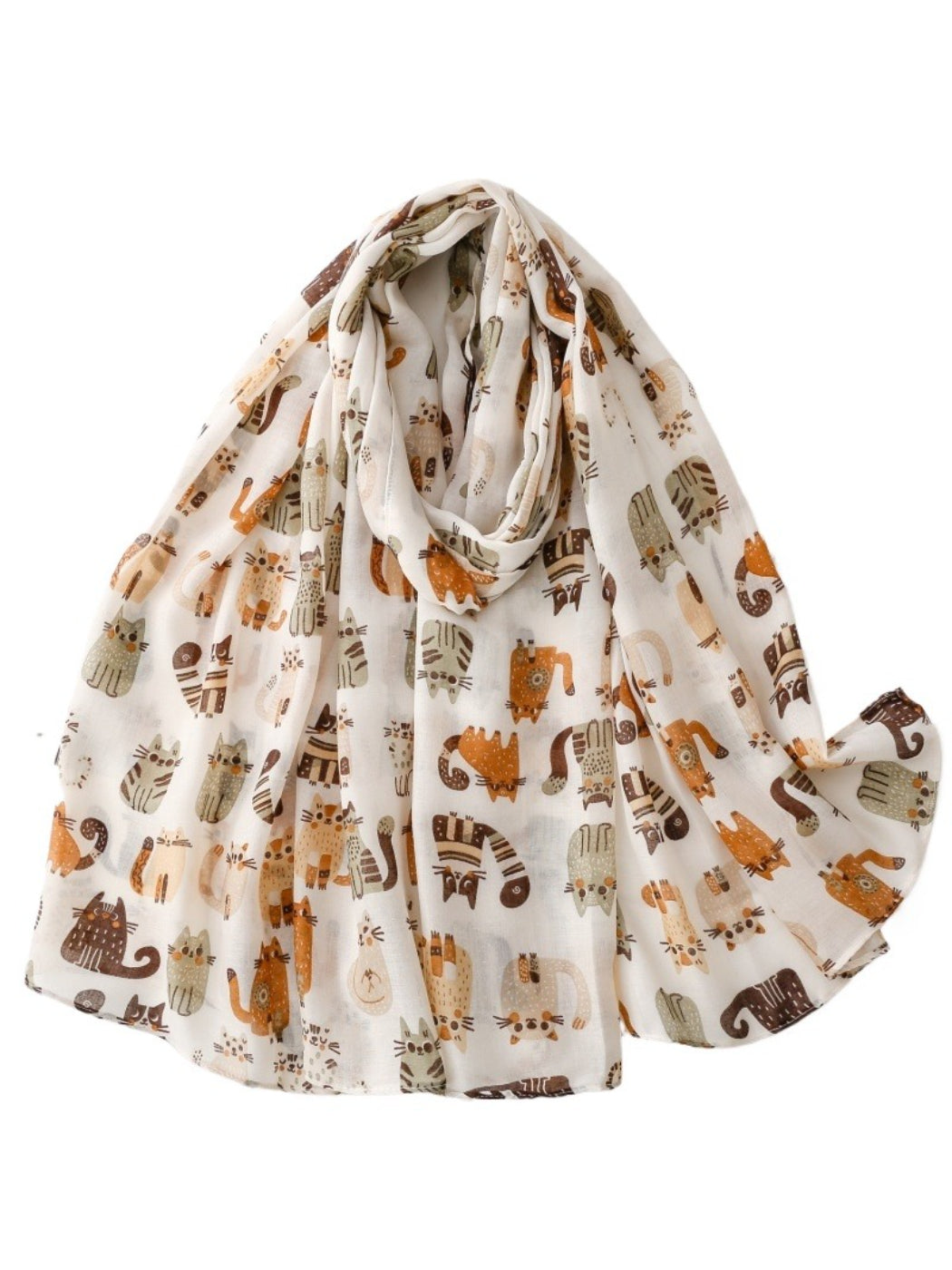Whimsical kitty pattern scarf folded to show colorful cat illustrations on soft fabric