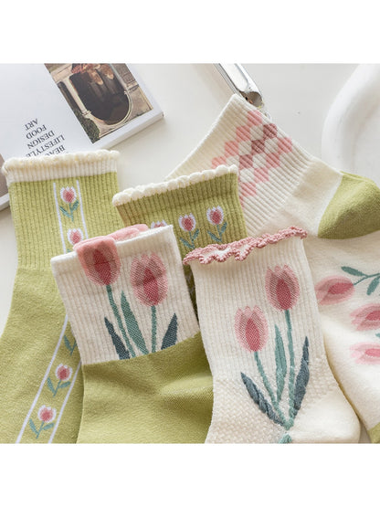 Rufia - Floral Ruffle Cuff Casual Crew Socks