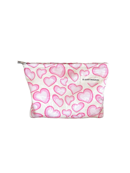 Cosbai - Pink White Heart Print Zipper Cosmetic Bag