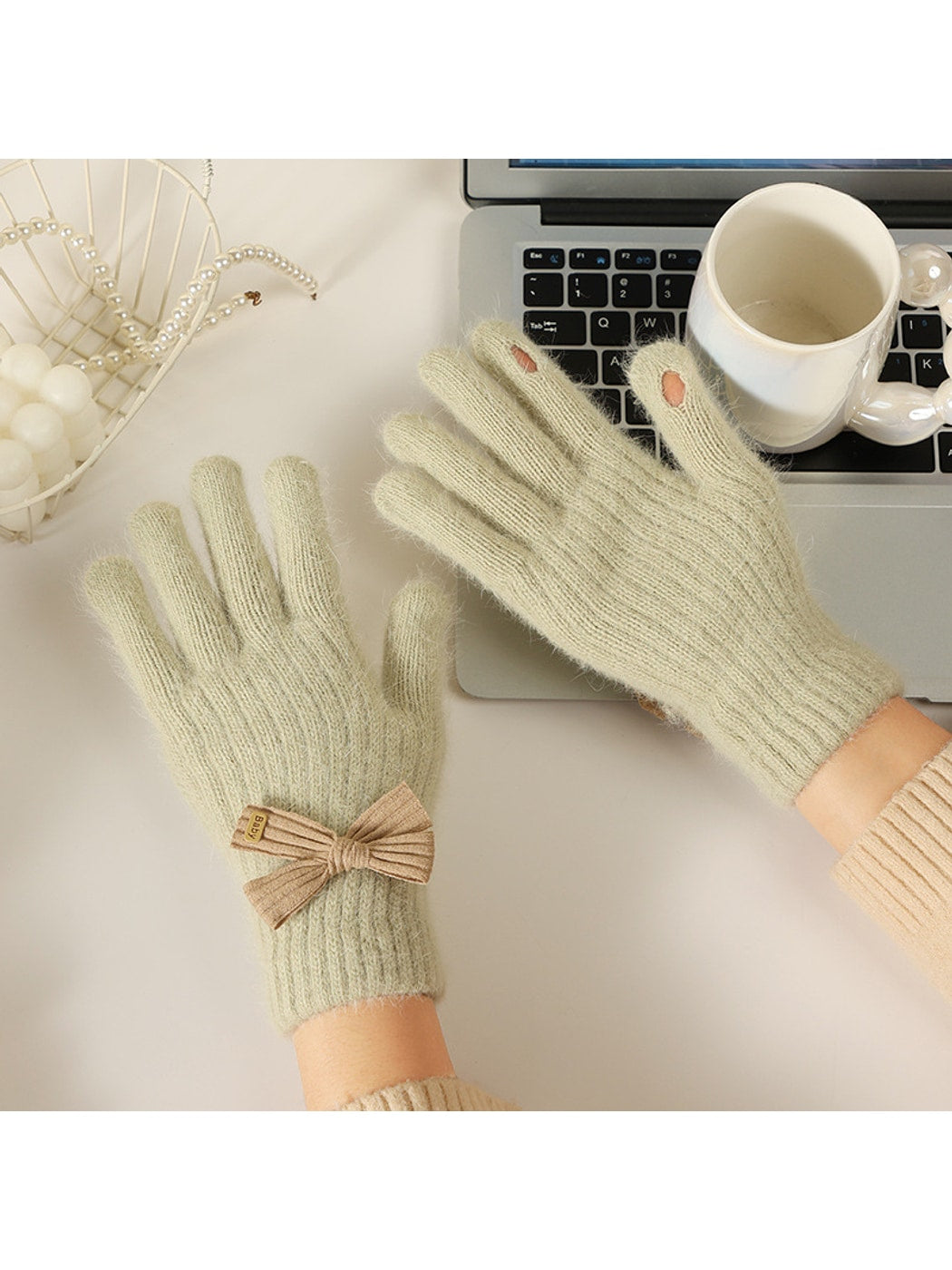 Gloving - Women's Bow Accent Fuzzy Knit Winter Gloves