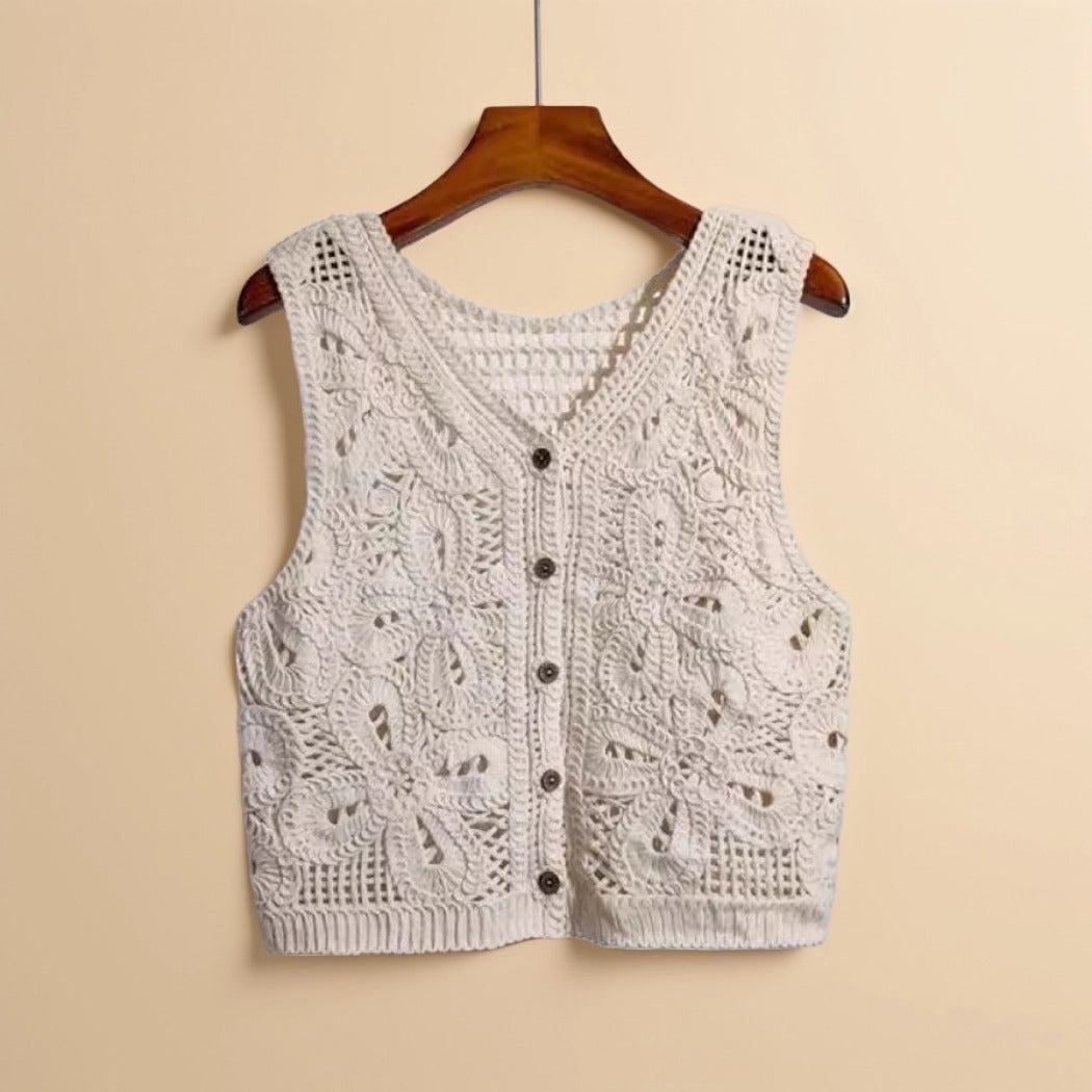 Crosa Crochet Knit Vest Boho Chic Open Front Cardigan with knit texture