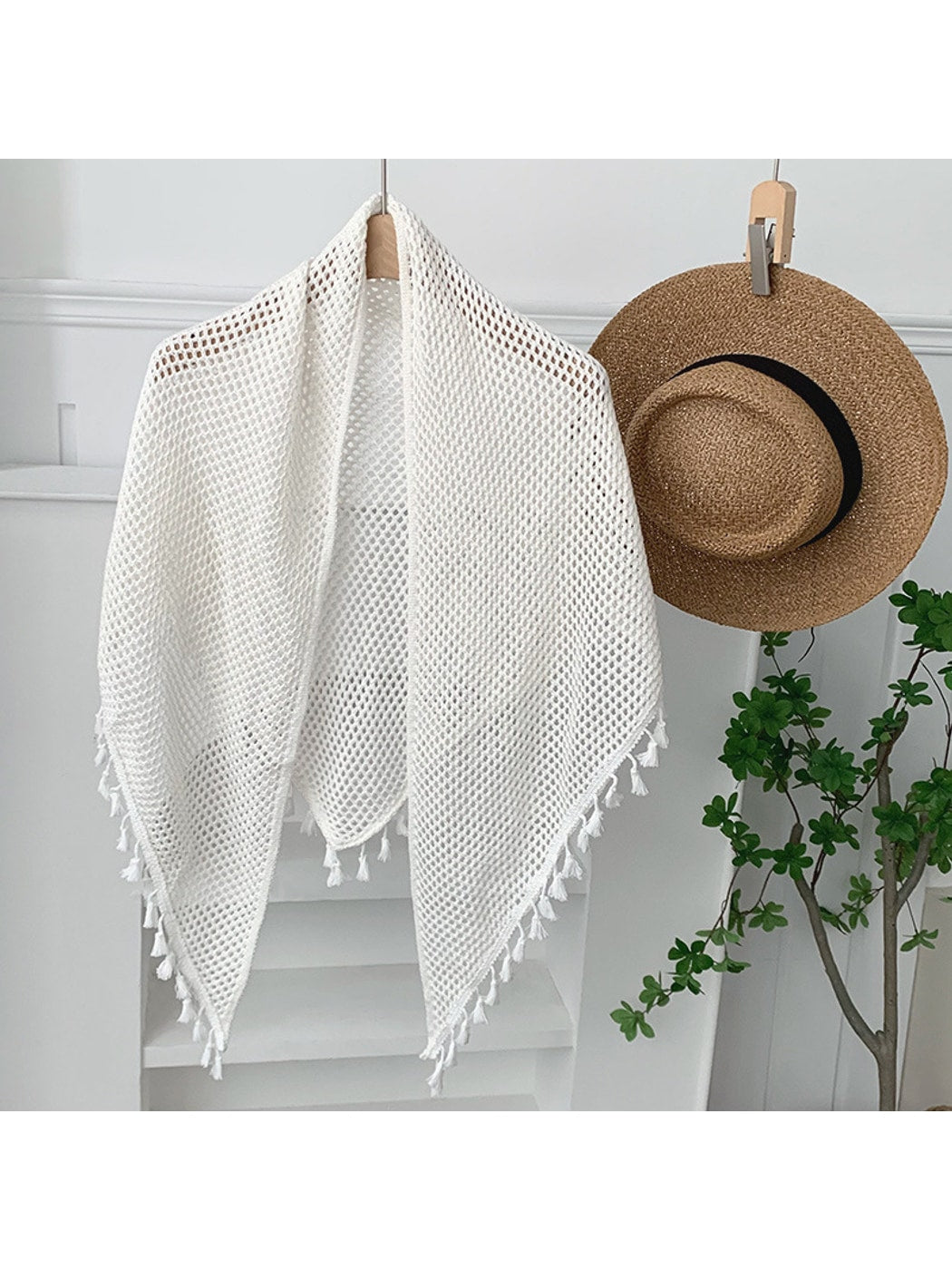 Scarvii - Openwork Tassel Trim Layering Wrap Scarf