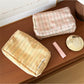 Cosbai pastel plaid cosmetic bag with soft pink and blue tones on white background
