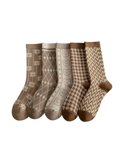 Rufia - Winter Mid-Calf Socks with Geometric & Floral Pattern