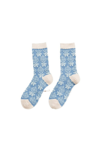 Rufia - Retro Blue Floral Mid-Calf Socks - Classic & Elegant