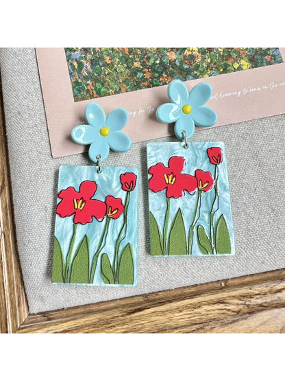 Earwish Painted Flower Drop Earrings with detailed floral painting and silver hooks