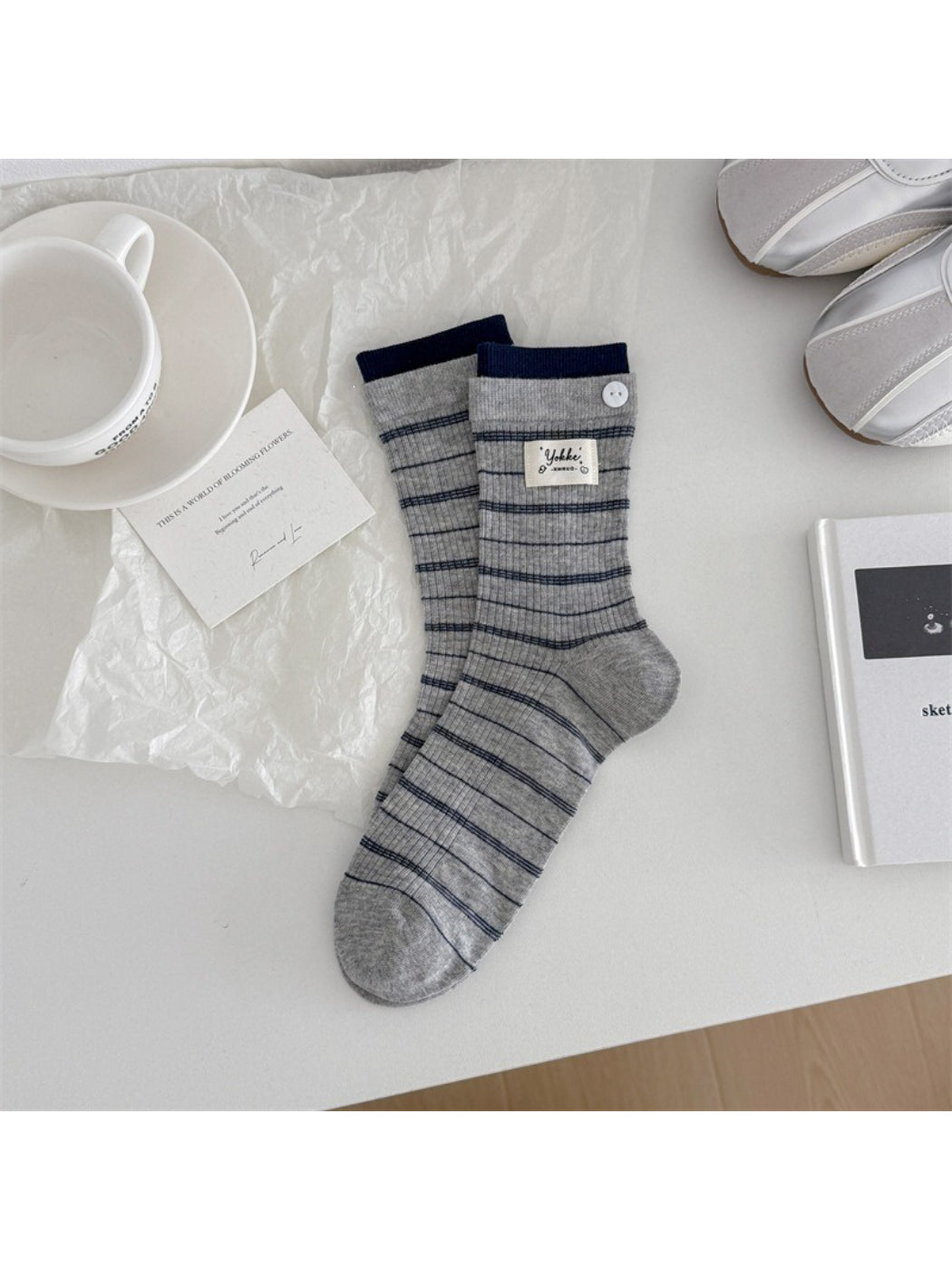 Rufia Button Cuff Ribbed Stripe Socks pattern detail