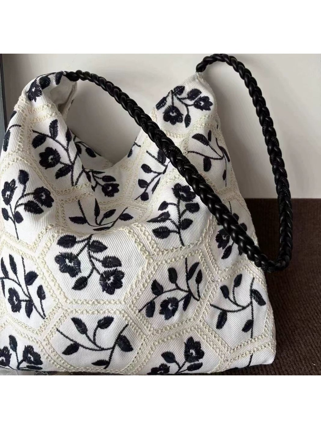 Cosbai - Floral Embroidered Honeycomb Pattern Tote Bag
