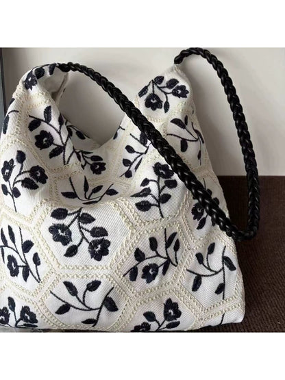 Cosbai - Floral Embroidered Honeycomb Pattern Tote Bag