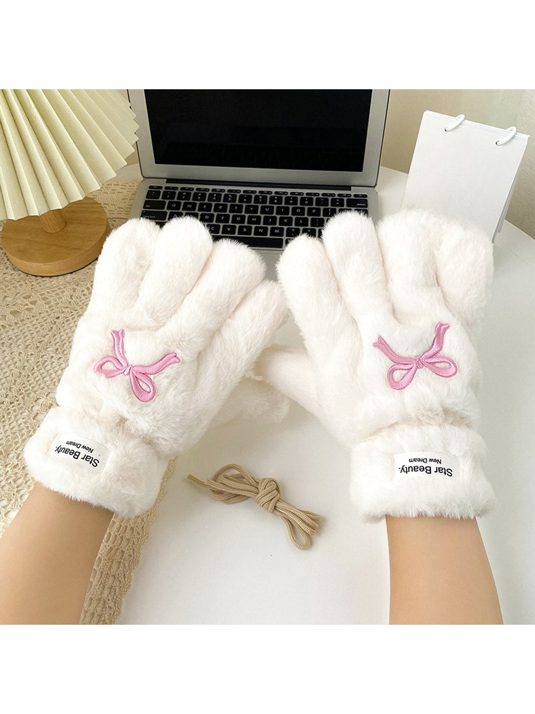 Gloving - Bow Embroidered Plush Winter Gloves