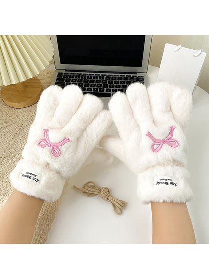 Gloving - Bow Embroidered Plush Winter Gloves