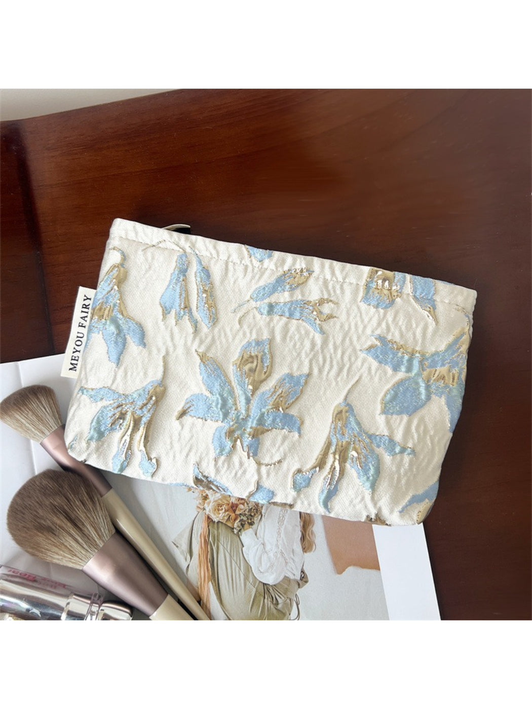 Cosbai - Pastel Blue Jacquard Fabric Pouch