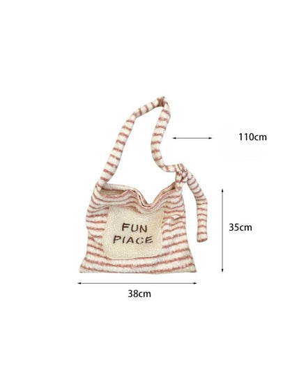 Cosbai - Plush Striped Tote Handbag with Patch