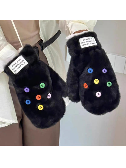 Gloving - Cute Button Detail Plush Winter Mittens