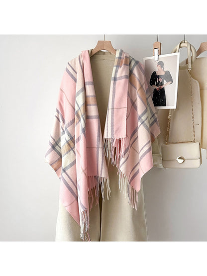 Scarvii - Soft-Tone Plaid Fringed Winter Scarf