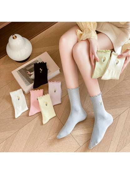 Rufia - Tulip Embroidered Lettuce-Edge Crew Socks product image 3