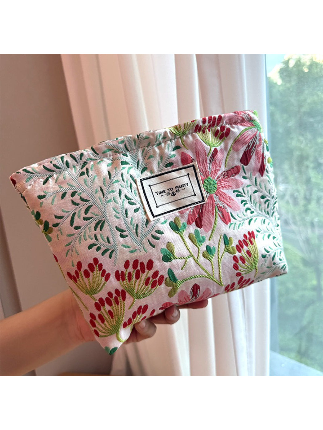Cosbai - Vintage Red Green Floral Makeup Pouch