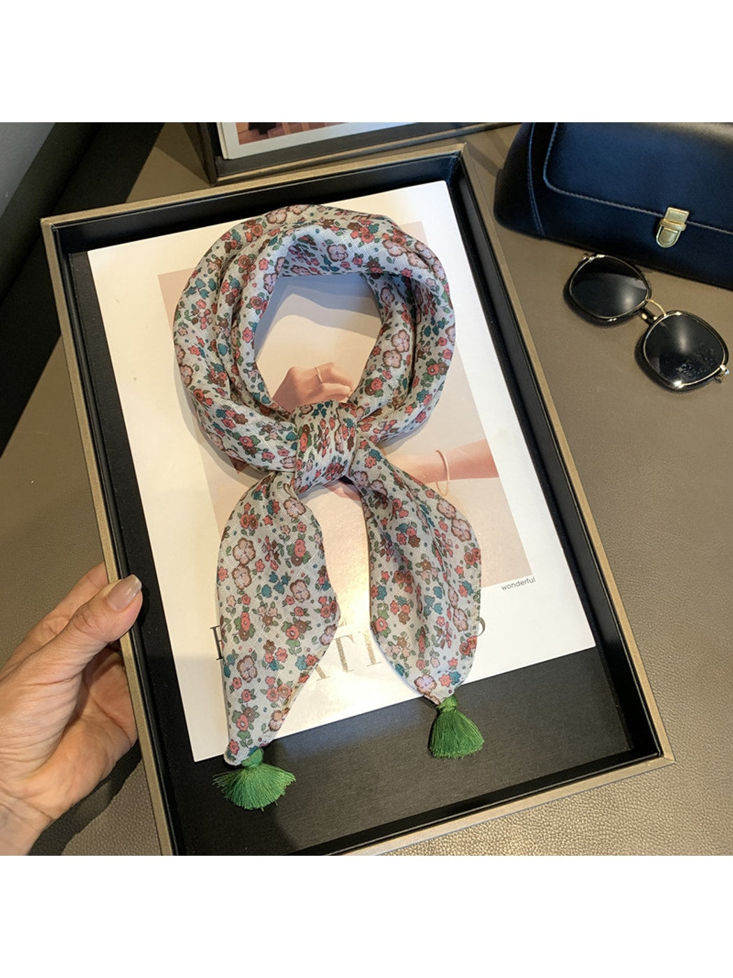 Scarvii - Allover Floral Print Tassel Square Scarf