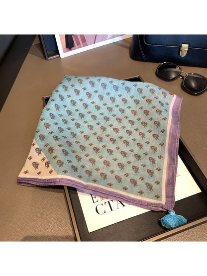 Scarvii - Blue Tone Print Tassel Design Square Scarf