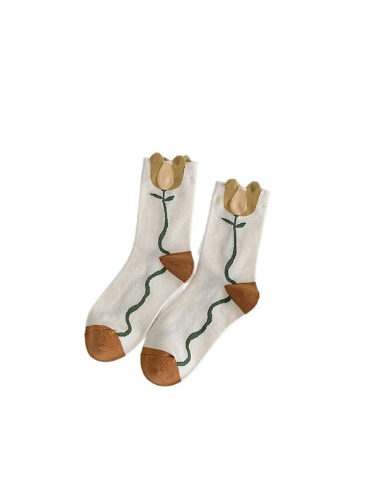 Rufia - Vintage Floral Pattern Colorblock Crew Socks