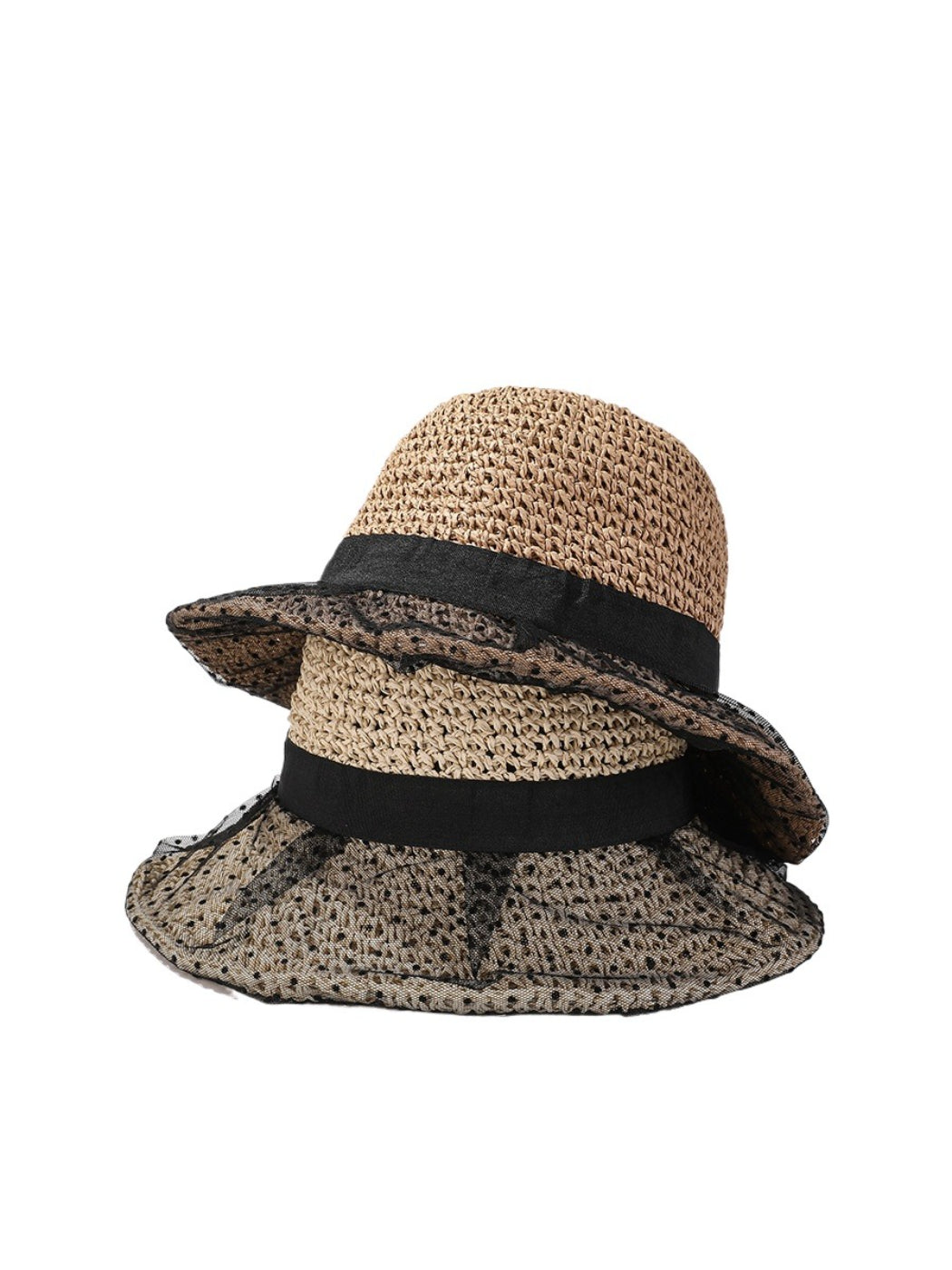 Black straw look hat with intricate black lace overlay and wide brim