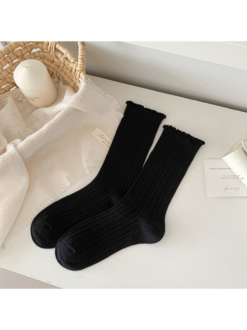 Rufia - Solid Color Ribbed Mid-Calf Socks