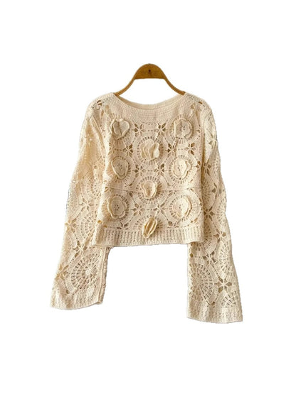 Crosa - Floral Hollow Out Round Neck Pullover