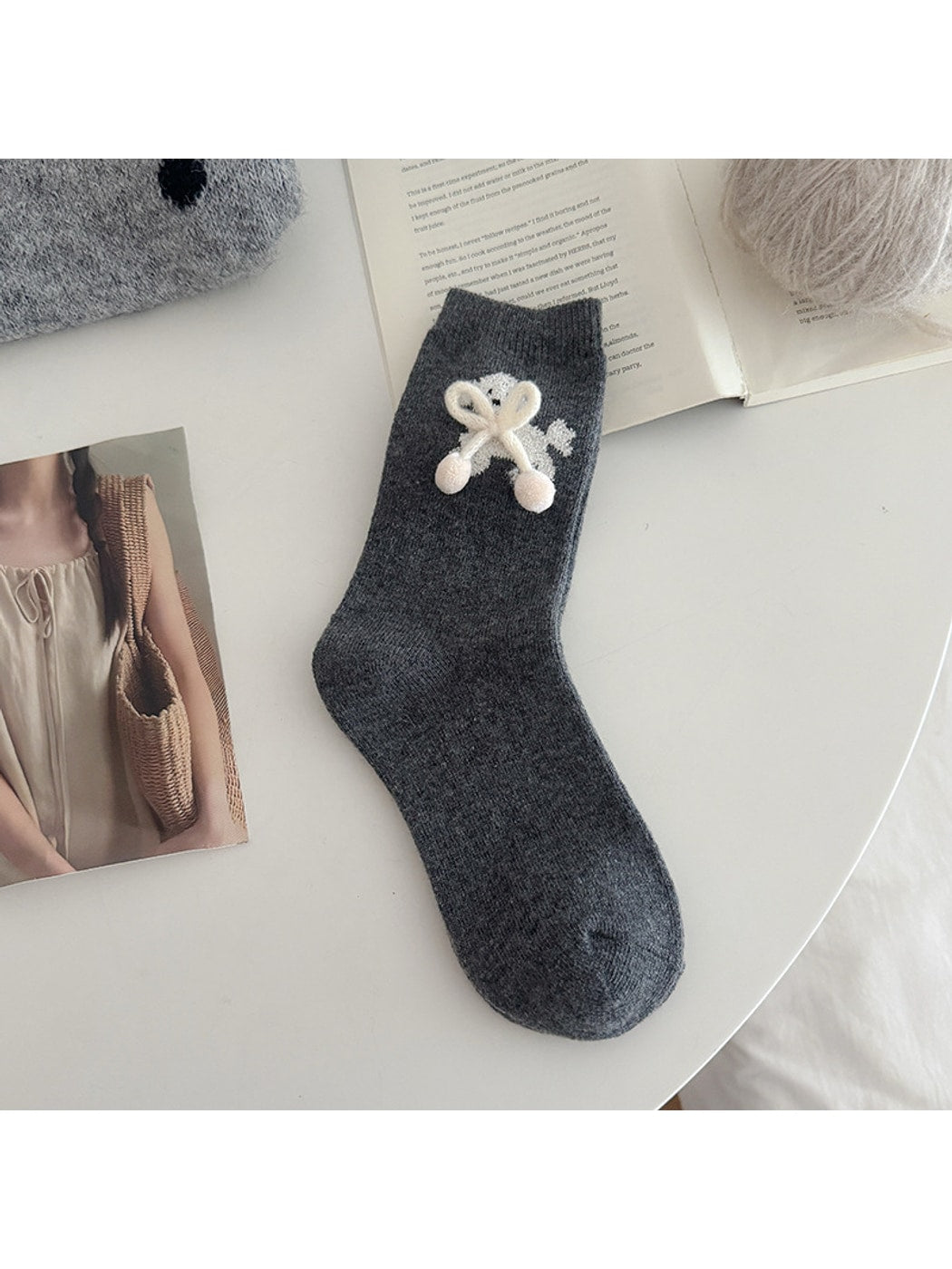Rufia - Playful Puppy Pattern Plush Bow Crew Socks