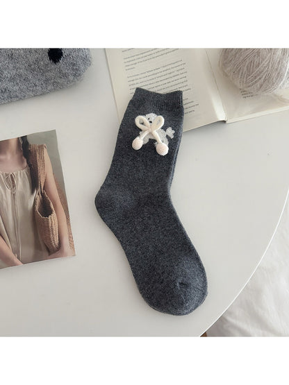 Rufia - Playful Puppy Pattern Plush Bow Crew Socks
