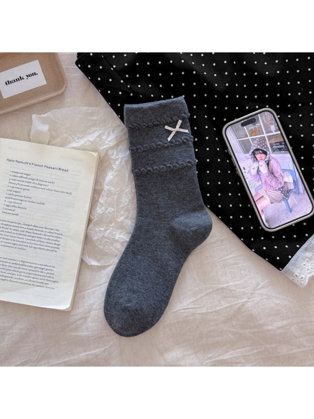 Rufia - Bow Detail Raised Loop Trim Crew Socks