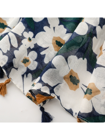 Scarvii - Navy Daisy Tassel Wrap Scarf