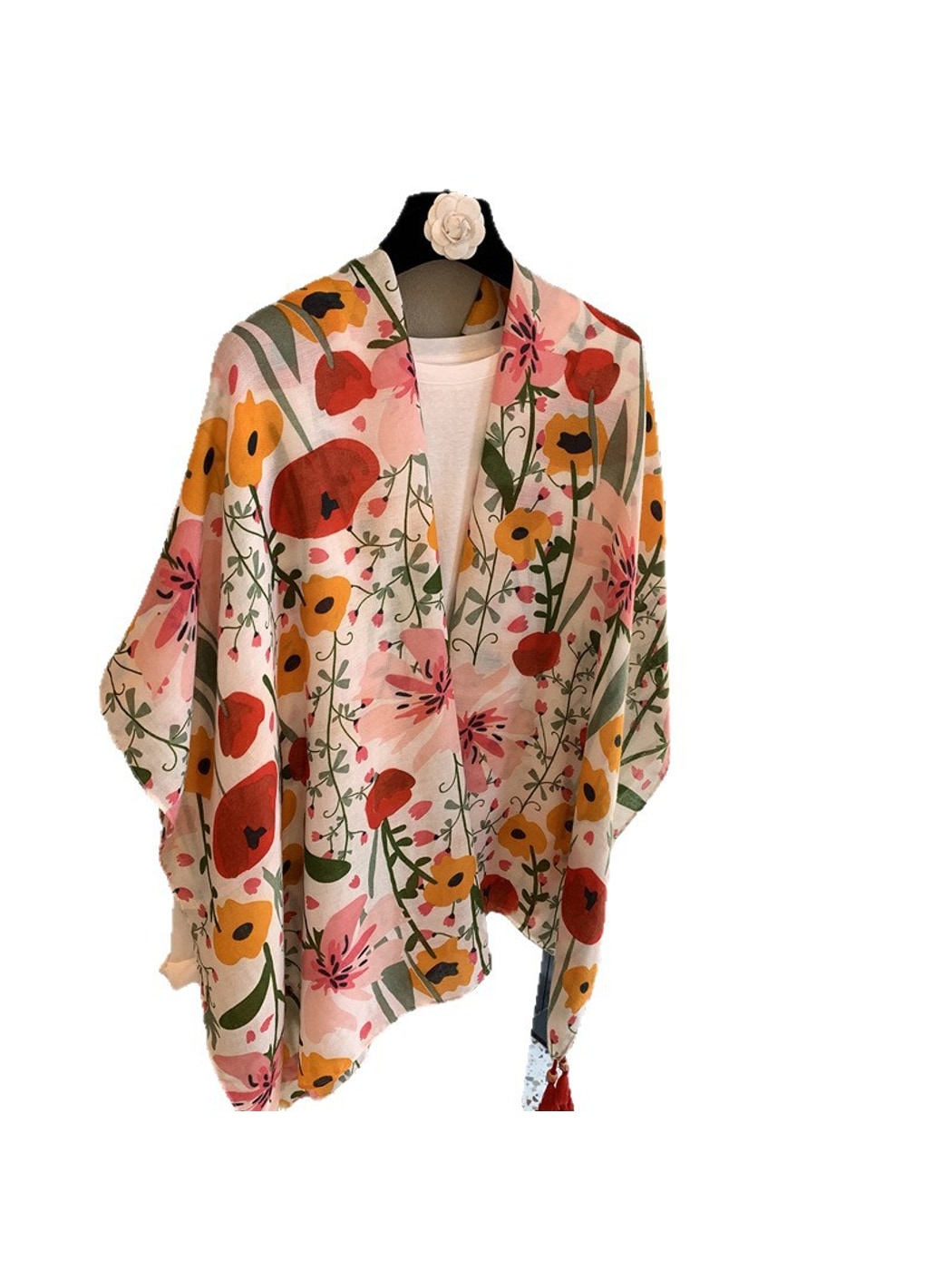 Scarvii - Botanical Print Tassel Trim Shawl Scarf