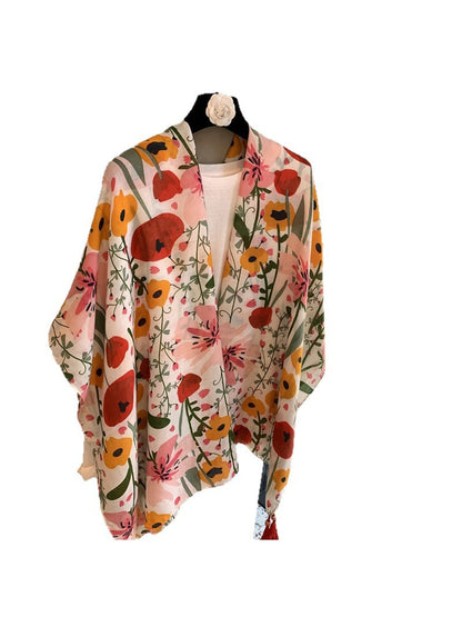 Scarvii - Botanical Print Tassel Trim Shawl Scarf