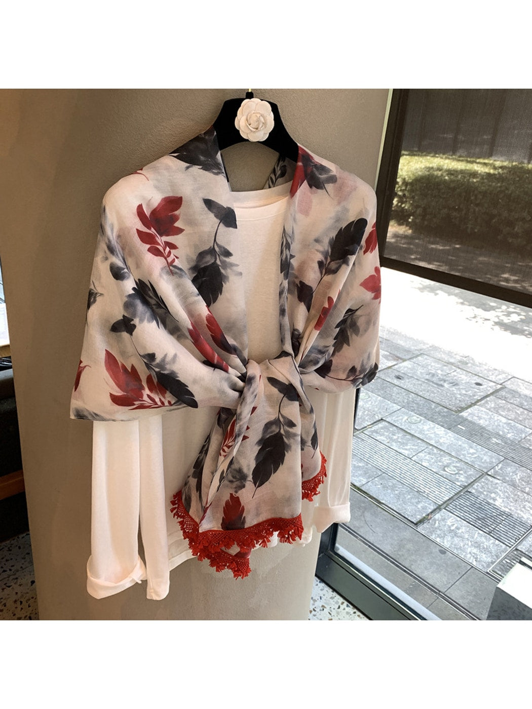 Scarvii - Feather Print Lace Edge Fashion Shawl Scarf