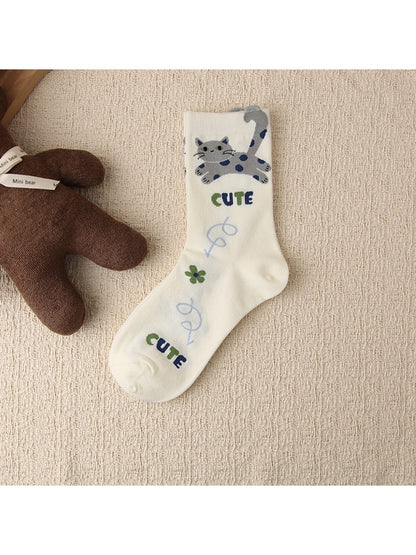 Rufia - Playful Cat Pattern Casual Crew Socks