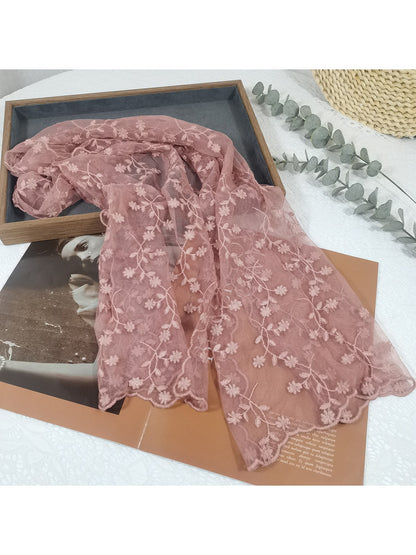 Scarvii - Floral Embroidered Mesh Head and Neck Scarf