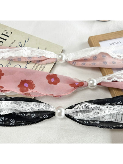 Scarvii - Lace Double Layer Floral Long Narrow Scarf