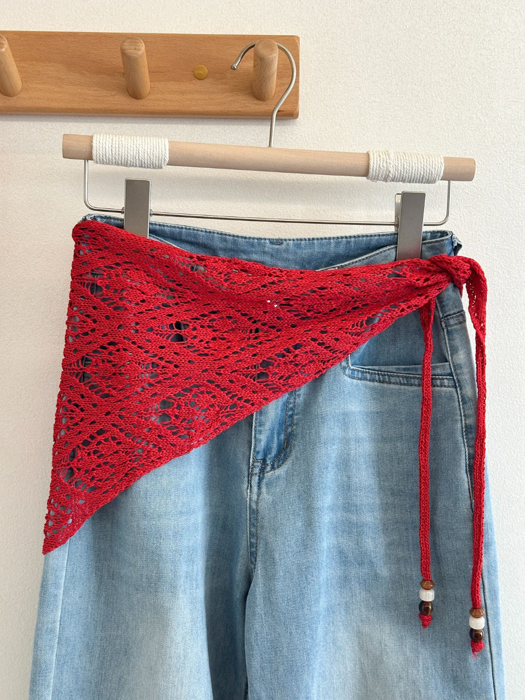 Scarvii - Lace Knit Triangle Scarf with Beaded Ties