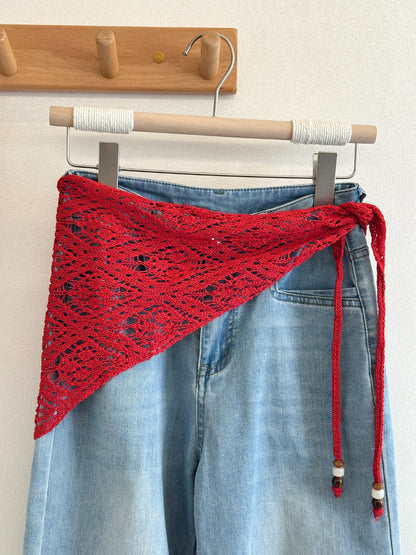 Scarvii - Lace Knit Triangle Scarf with Beaded Ties