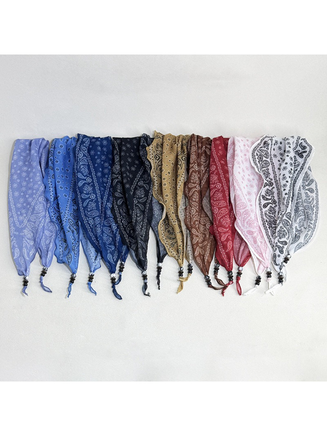 Scarvii vintage bandana headscarf with bead trim folded on white background