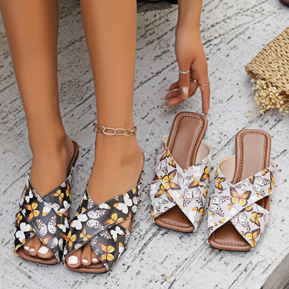 Sado - Butterfly Print Cross-Strap Flat Sandals