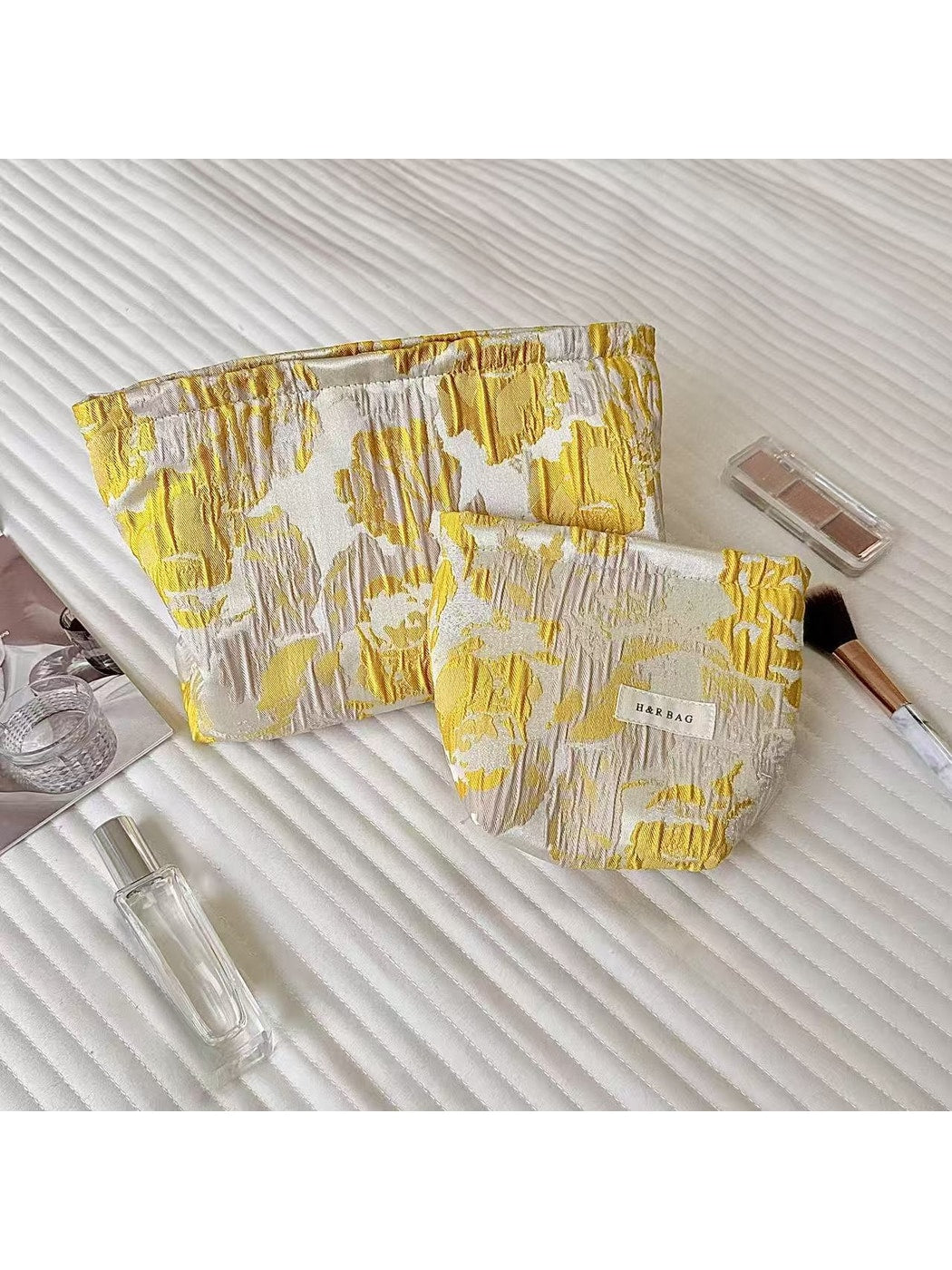 Cosbai - Yellow Floral Pleated Design Zip Pouch
