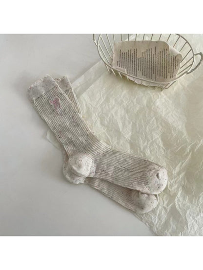 Rufia - Bow Embroidered Ruffle Cuff Heathered Crew Socks